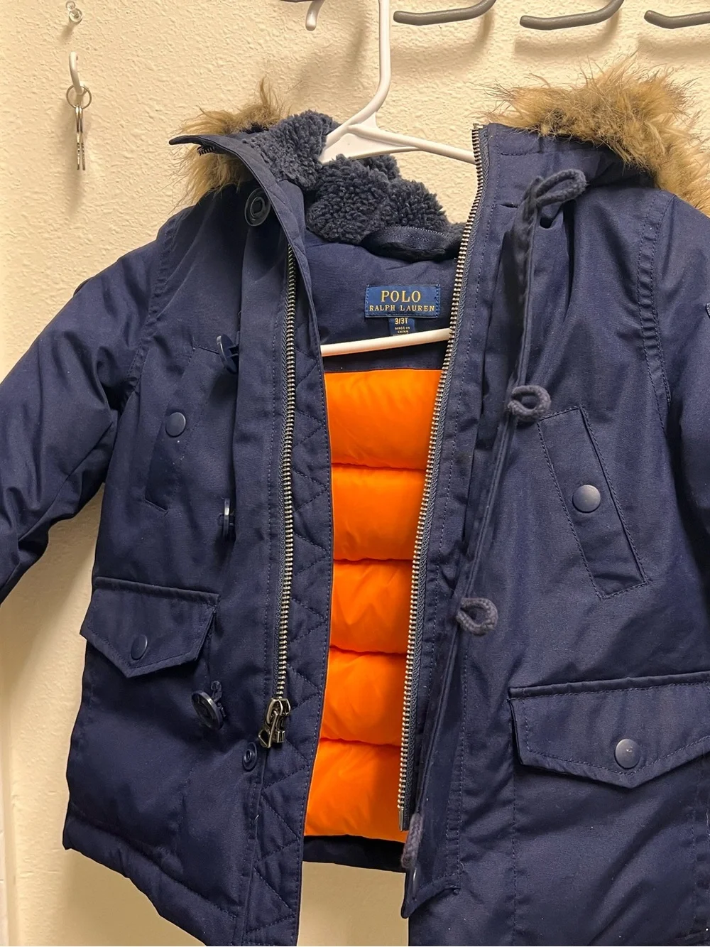 Ralph Lauren Kids Navy Hooded Puffer Coat with Faux-Fur Trim